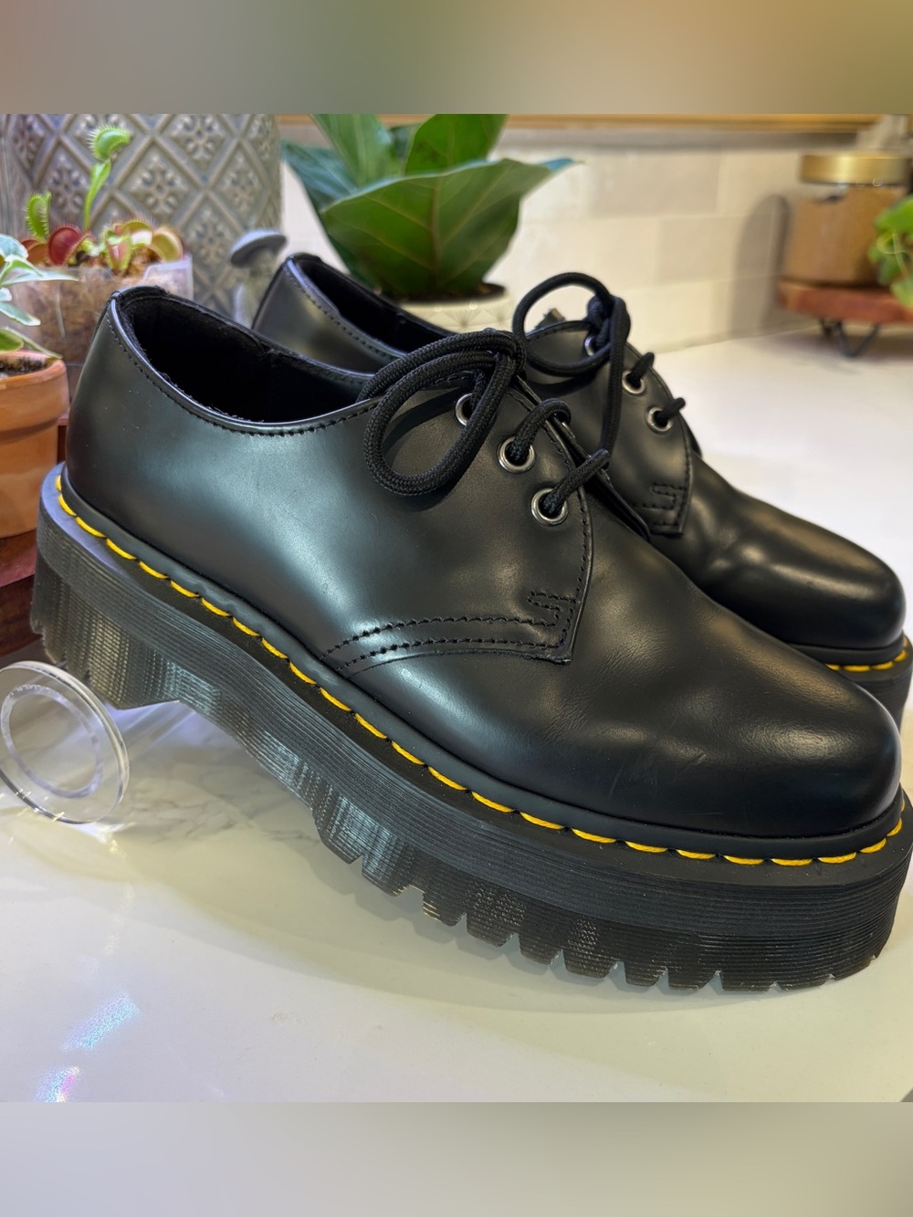 Dr Martens 1461 Quad Platform Oxford Black Leather Chunky Lug Sole Womens Size 8
